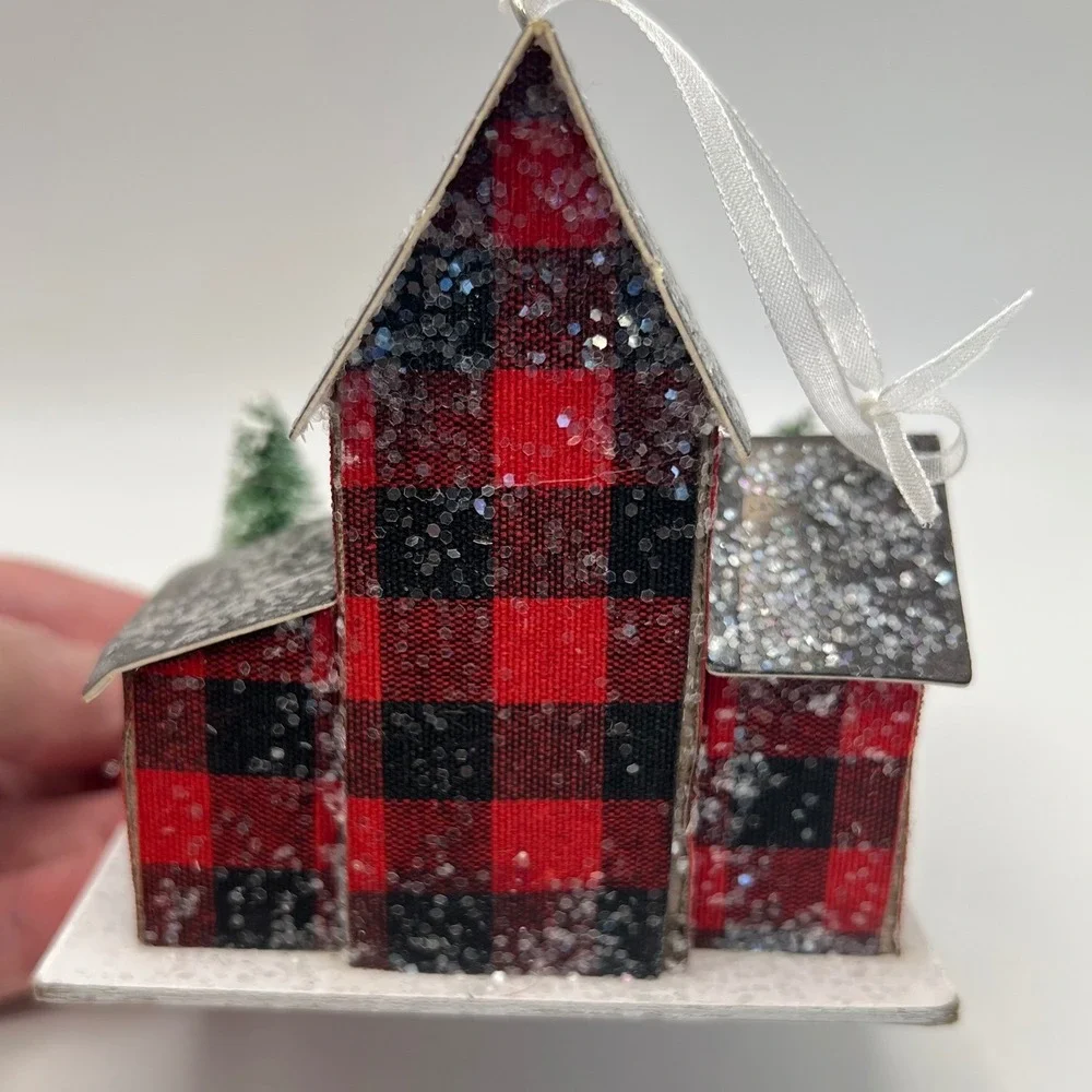 Putz Style House Lot of 2  Church House Modern Kitsch Holiday Plaid Sugared